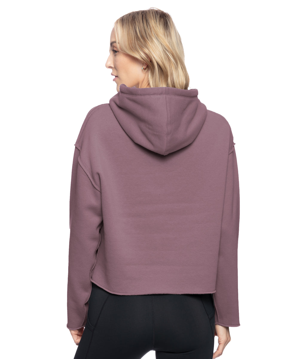 Alo Yoga Box Crop Hoodie Raw Hem Hooded Sweatshirt Cotton Blend Mauve Size  XS